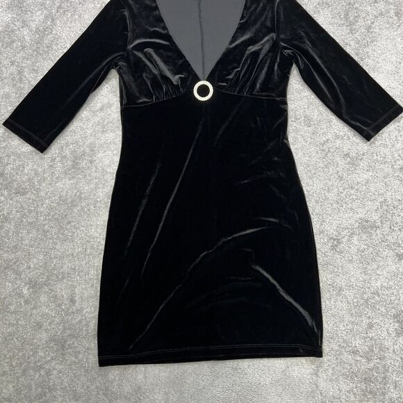 Fredrick’s Of Hollywood Velvet Mini Dress Size Large Black 3/4 Sleeve V Neck - Picture 2 of 14